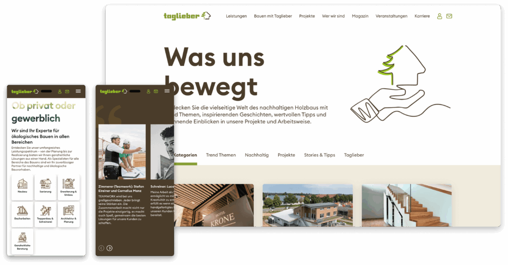 360vier Digitalagentur Referenz Case Taglieber Holzbau Markenrelaunch Webdesign Wordpress Mockup Desktop Mobile