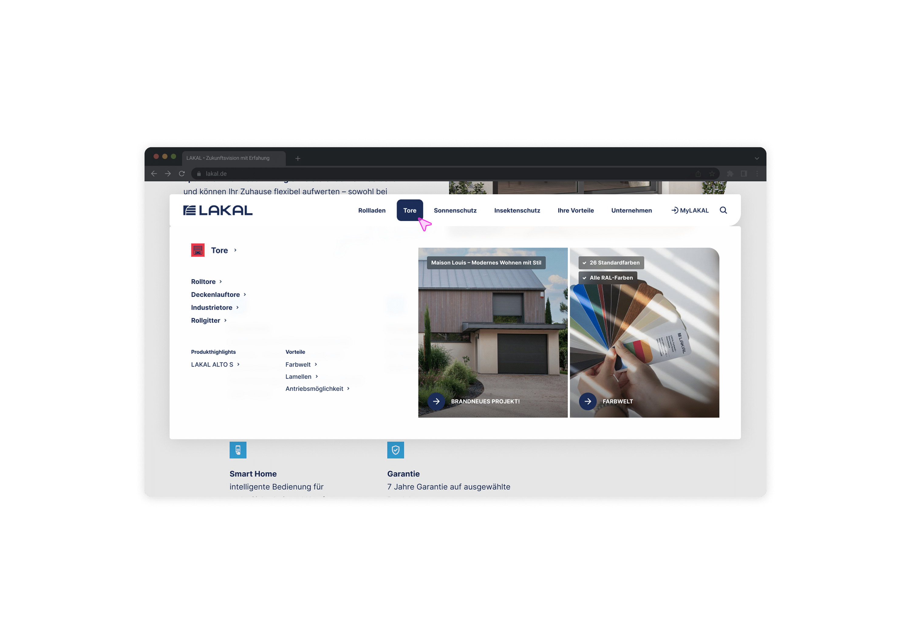 Darstellung der LAKAL Website-Navigation mit Produktkategorien, Farbauswahl und Beispielprojekt im Interface-Mockup.