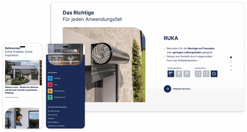 Mockup-Darstellung der LAKAL Produktübersicht mit Rollladen-System RUKA sowie mobiler Navigation und Referenzmodulen.