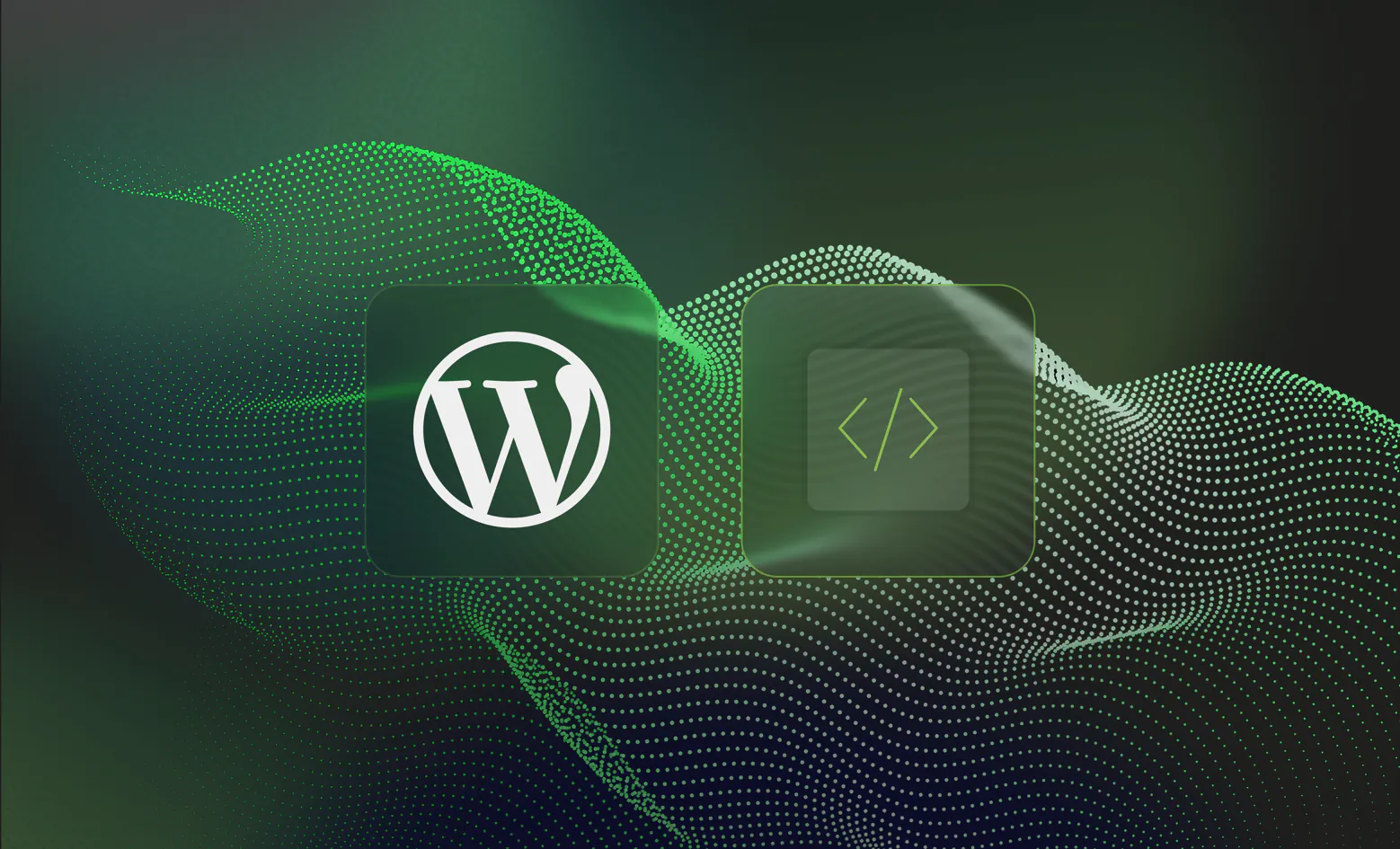 WordPress-Logo und Code-Symbol auf zwei Glaskarten vor grüner Punktwelle